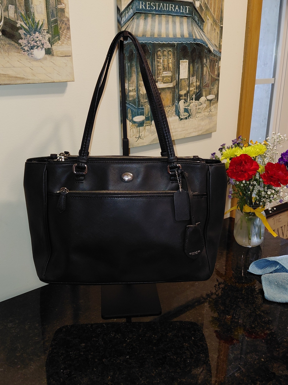 Coach Black Leather Peyton Jordan Double Zip Carryall Tote Silver Hardware VGC!